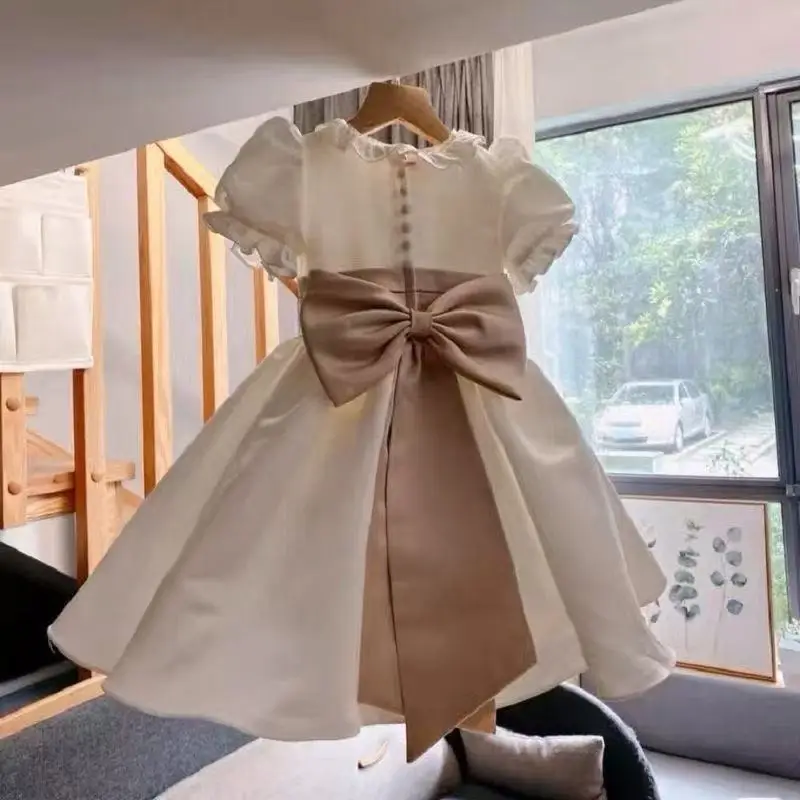 Baby Girls Birthday Dress Retro Elegant Kids Princess Dresses Ruffler Sleeve Pleated Wedding Party Prom Gown for Children 1-12Y