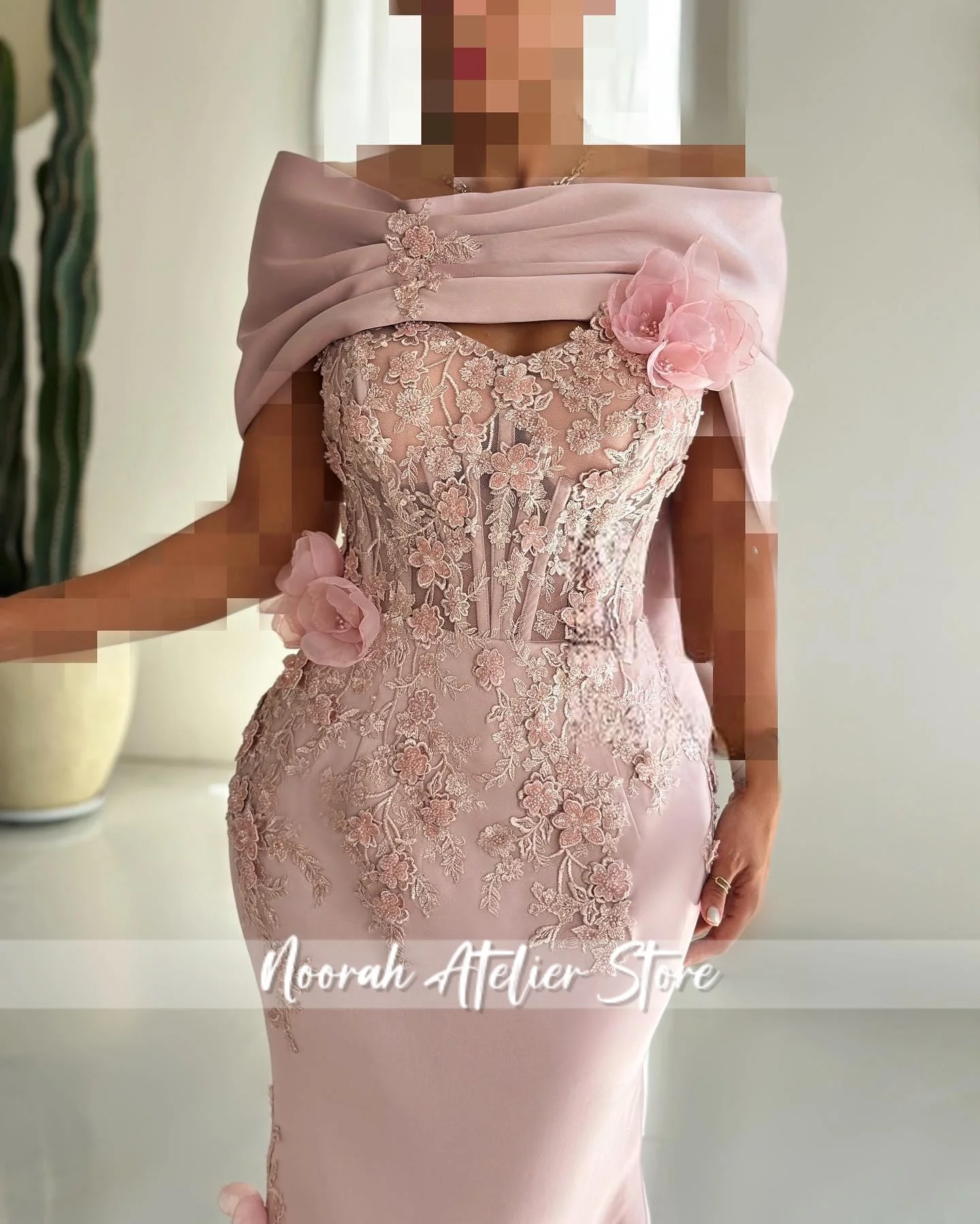 Rose 3D Appliques Sirène Arabie Saoudite Dubaï Femmes Manches Robes De Bal Robes De Bal Formelles avec Perles Longue Robe De Soirée