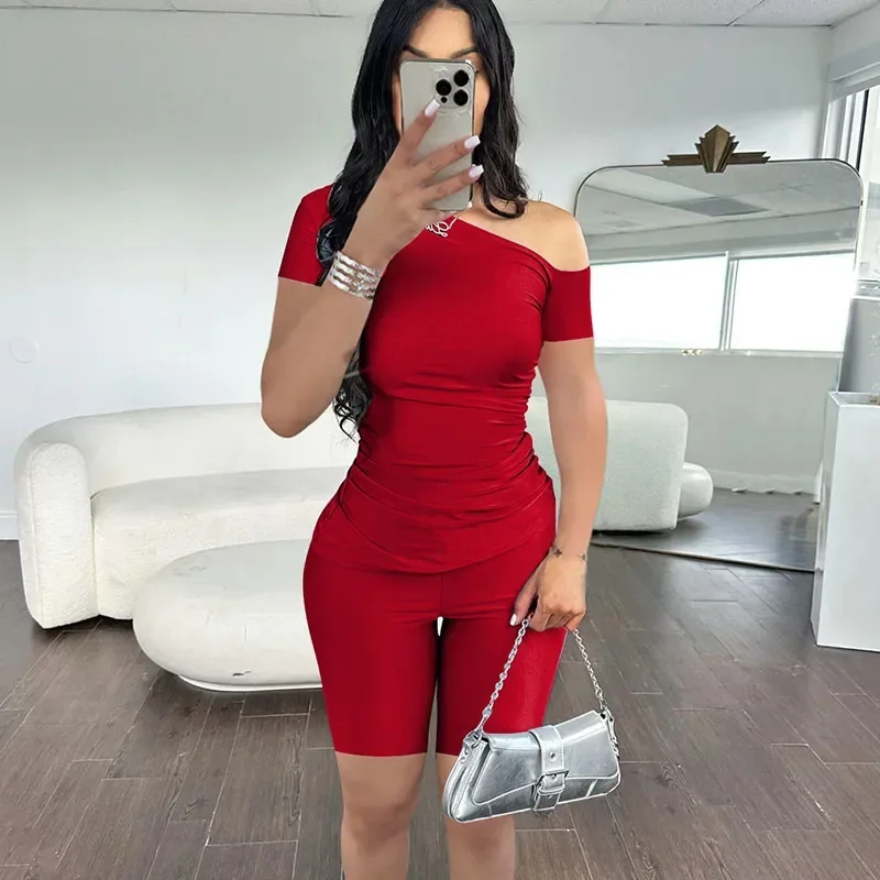 

Solid Elegant Shorts Set Women Two Piece Set Summer Clothes Off Shoulder Slim Bodycon Top and Shorts Casual Matching Sets Outfit