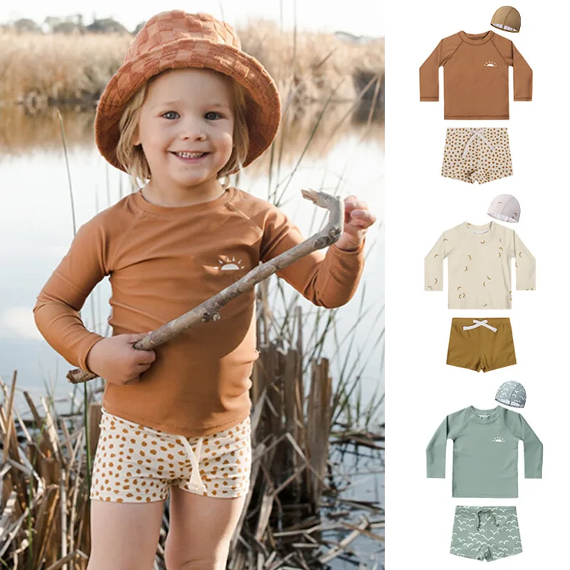

2024 Boys Long Sleeve Split Swimsuit European and American Style Summer Matching New Boys Baby Swimming Hot Spring Beach Suit
