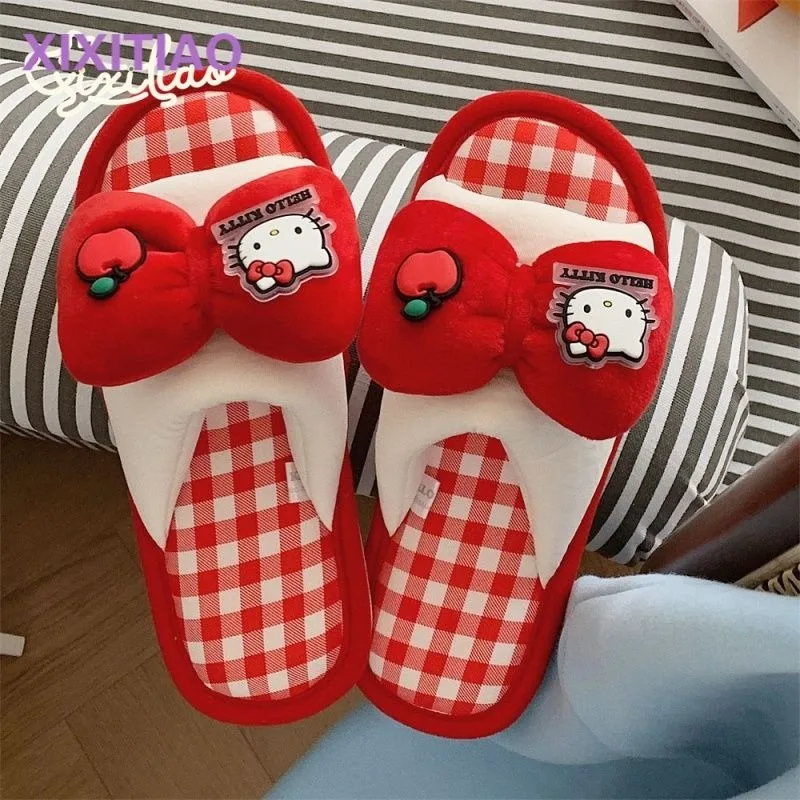 Cute Sanrio Hello Kitty Linen Cotton Slippers for Women Soft Sole All Seasons Home Wear Kawaii Cartoon Anime Holiday Gift Toys