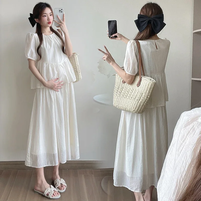 

Korean Style Fashionable Loose Summer Maternity Dress Puff Sleeve O-Neck Ruffles Patchwork Pregnant Woman Faux Two Pieces Dress