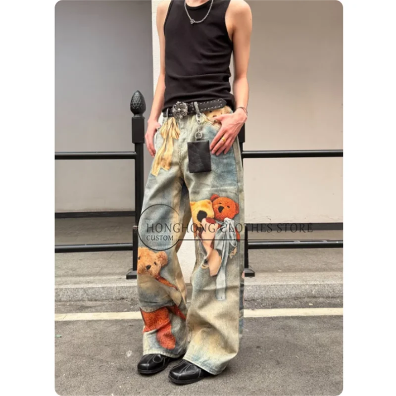 American-style vintage washed distressed bear-print denim pants - trendy loose-fitting wide-leg pants for both men and women