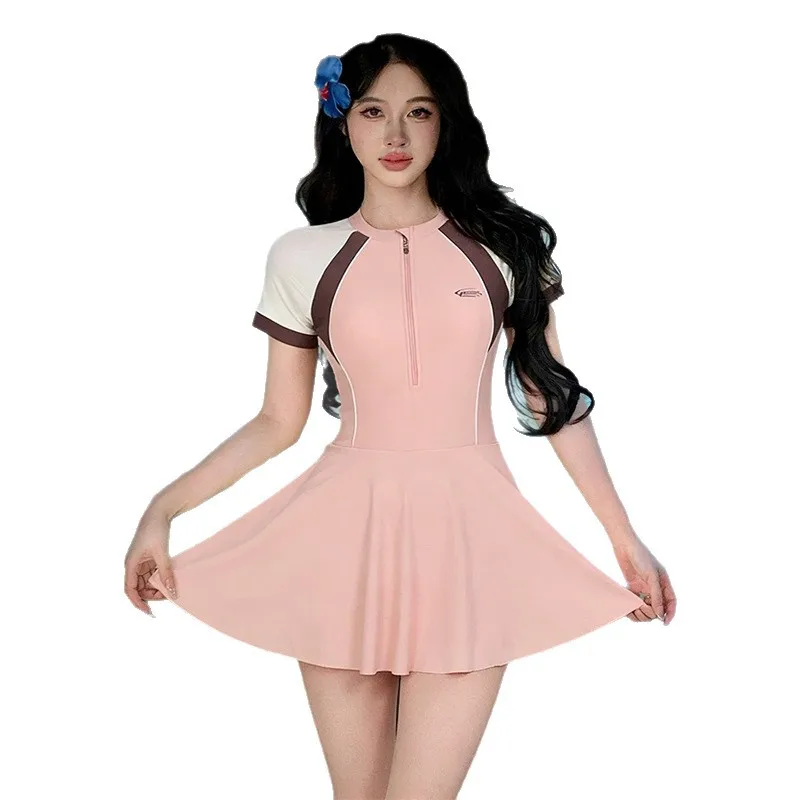 Sexy oversize kpop zipper patchwork swimsuits short sleeve mini dress bodysuits swimwear bathing suits beach outfits tankini