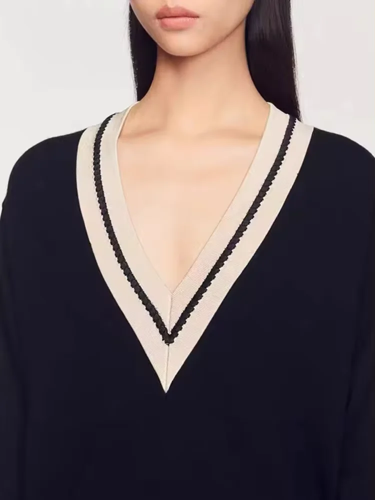 Luxury Black V-Neck Women Sweater New Brand S Pullover for Ladies, Long Sleeve Loose Knitted Jumper Tops Fashion Autumn, 2024