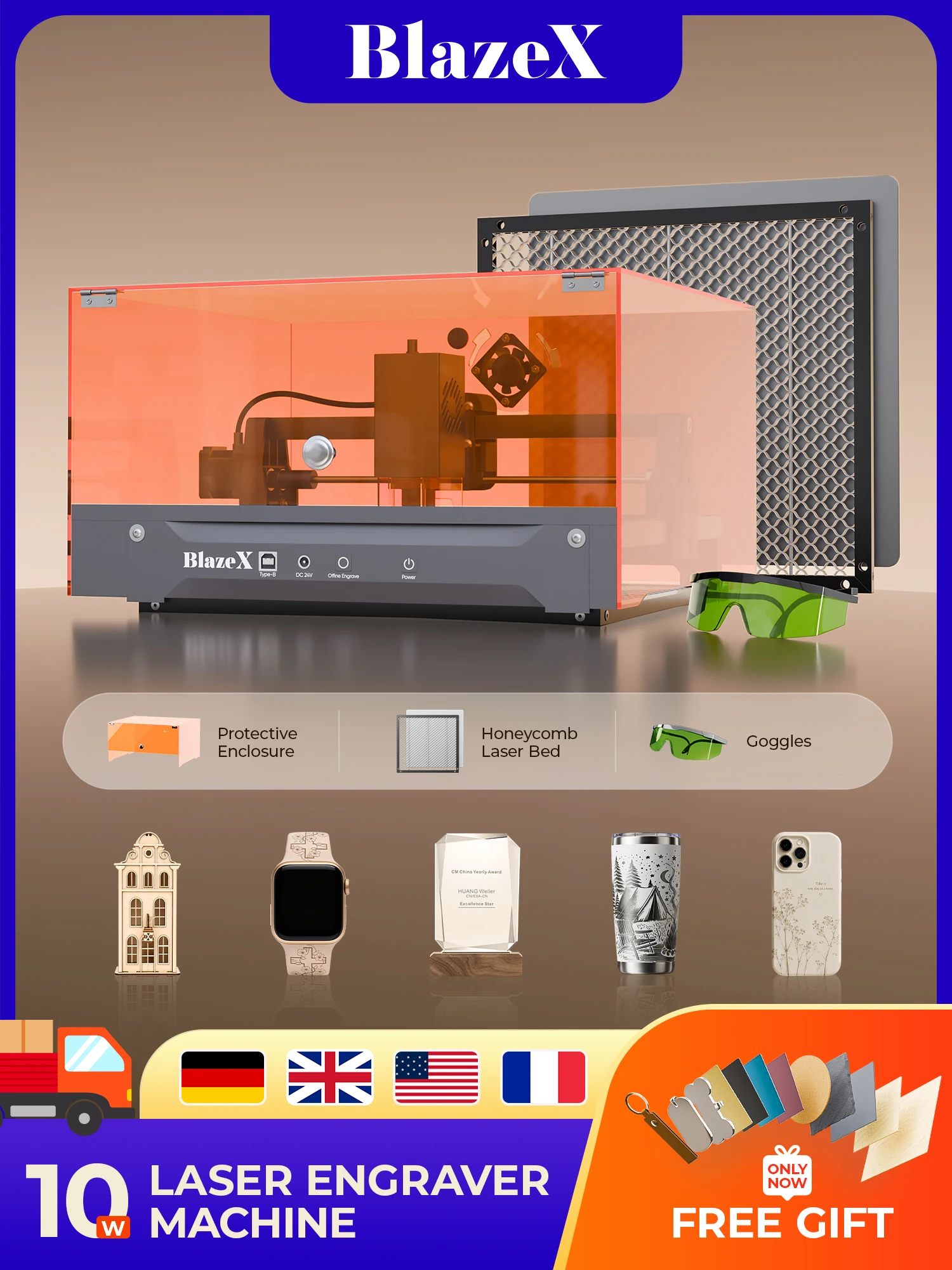BlazeX M3 10W Laser-Gravier- und Schneidemaschine (10000mW), Anfängerfreundliche DIY-Maschine der Klasse 1 mit 0,01mm Präzision, Schutzgehäuse, Wabenbett, Materialkit und Schutzbrille, optionaler