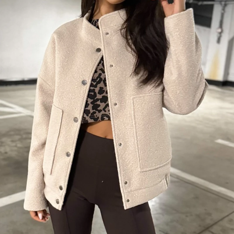 

Женская однобортная куртка с воротником-стойкой, осенняя винтажная однотонная верхняя одежда с карманами, повседневное Свободное пальто с длинными рукавами