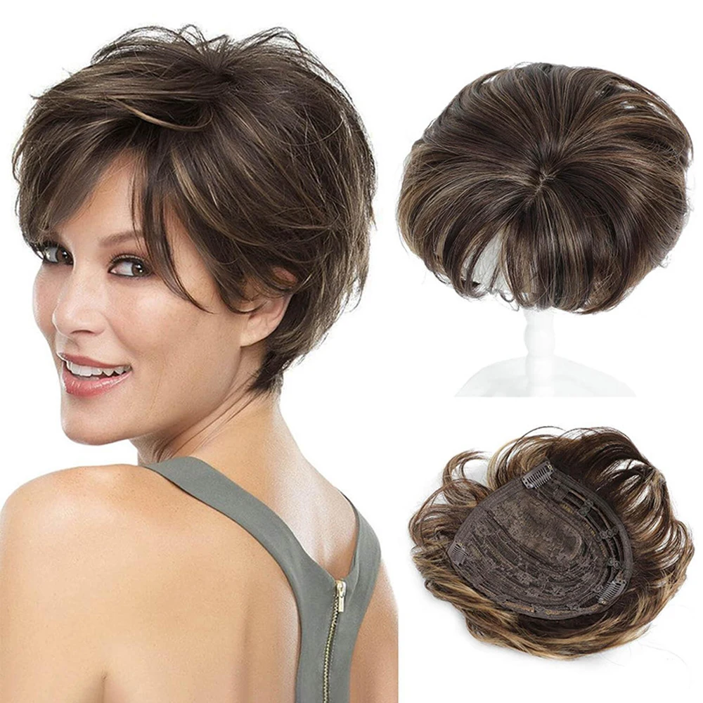 Synthetic 6inch Short Straight Topper Hairpiece Clip in Hair Extensions Natural Fluffy Head Top Hair Piece Replacement Cover