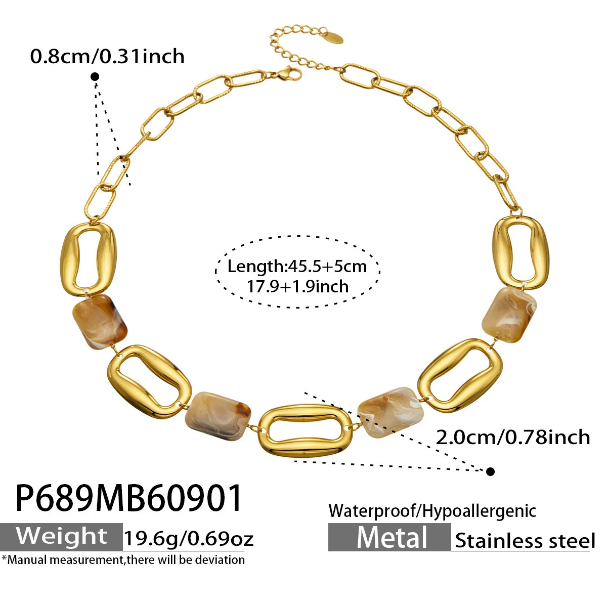 Chunky Statement-Halskette, 18k vergoldeter Edelstahl, Marmor-Harz-Verbindung, hohle ovale Gliederkette, Halsketten, Kragen-Schmuck – Detail 6