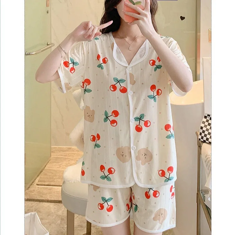 Three-Piece Set Women Sleepwear Silk Short-Sleeved Trousers Pajamas Ladies Cartoon Bear Cherry Lapel Cardigan Sexy Nightwear