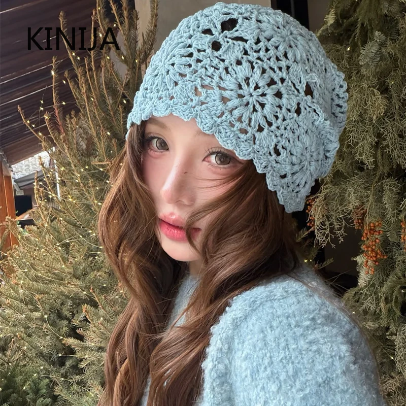 Handmade Crochet Hollow Head Japan Knit Cap Spring Summer Retro Casual Turban Fashion Melon Mesh Hat Pullover Hat Breathable