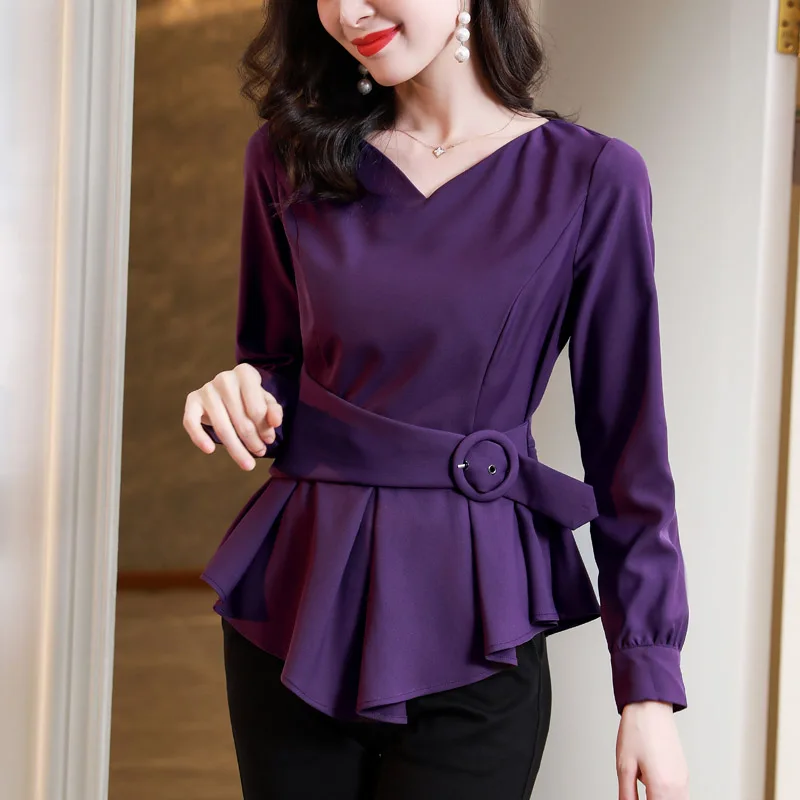 Women Fashion Lavender Purple Tops Female Chic Belt Waist Retraction Simple French Vintage Shirts Elegant Thick Blouse