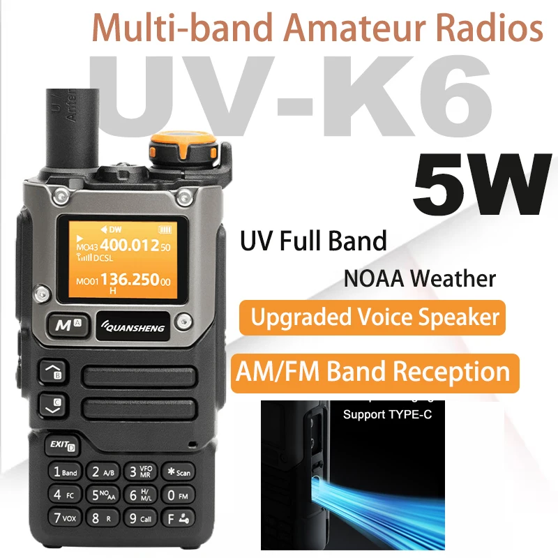 QuanSheng Walkie Talkie UV-K6 5W UV-K5(8) 50-600MHz Type C UHF VHF 200Ch DTMF FM/AM NOAA Wireless Frequency CB Two Way Radio