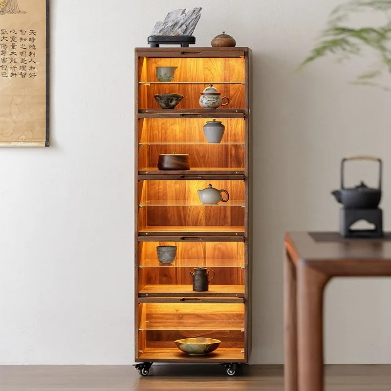 Black walnut solid wood cultural and play tea set storage display cabinet, jewelry medieval Chinese mobile locker