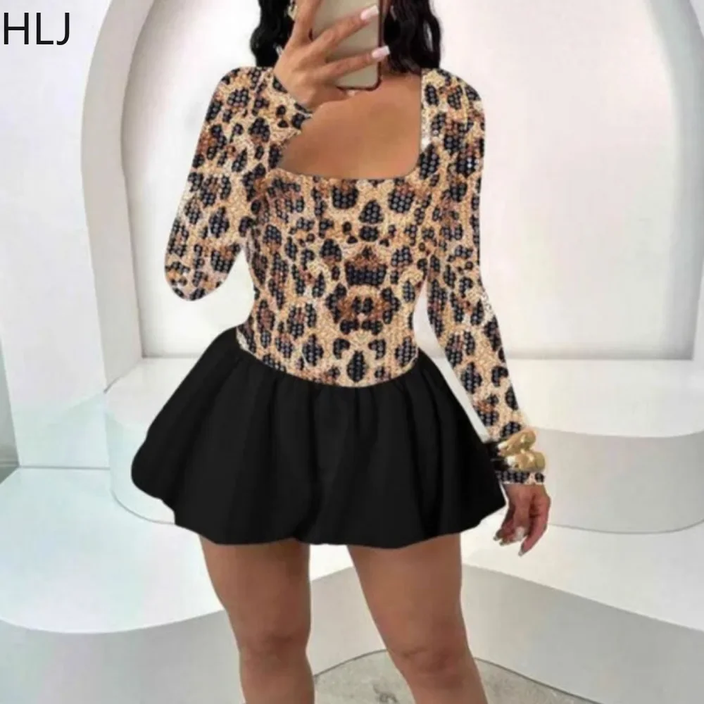 

HLJ Sexy Leopard Sequin Stitching Puffy Mini Dresses Women Square Neck Long Sleeve Slim Vestidos Fashion Party Club Clothes 2025