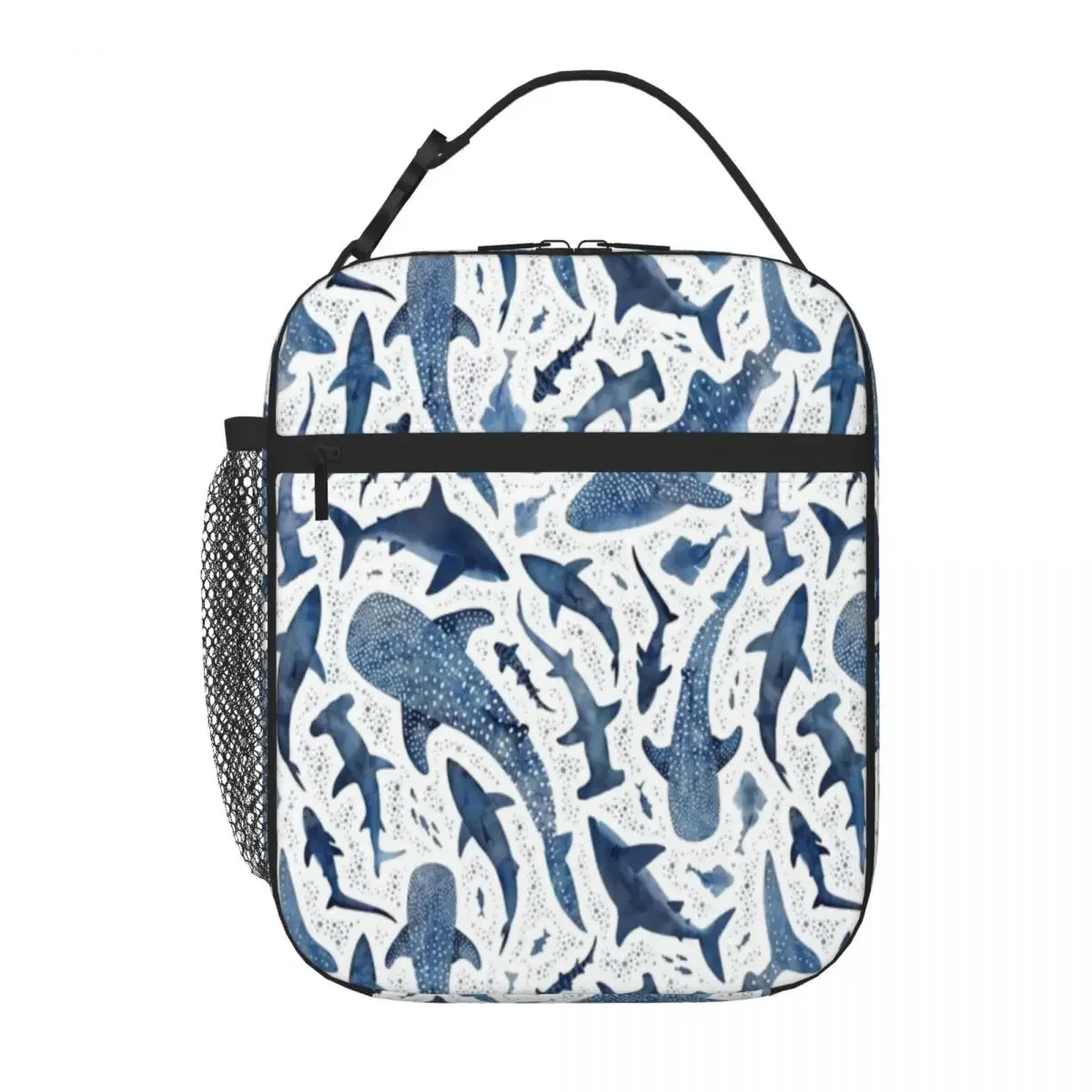 Hot Sale Monochrome Blue Watercolour Shark Ocean On White Transparent Detail Food Cooler Bag Lake Picnic Lunch Handbag