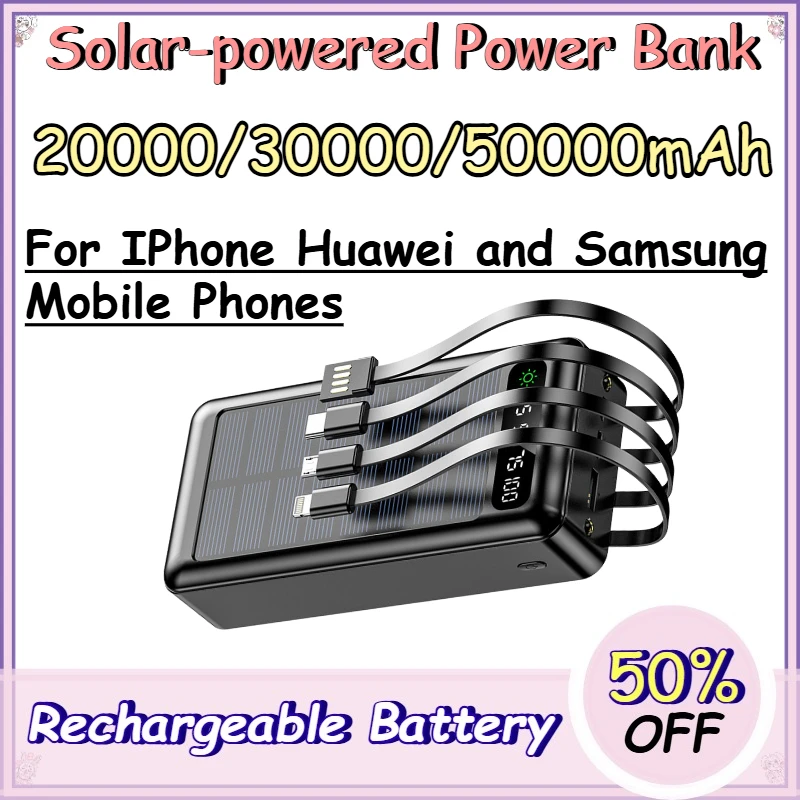 20000/30000/50000mAh Solar-powered Power Bank for IPhone Huawei and Samsung Mobile Phones Power Bank with Four Built-in Cables