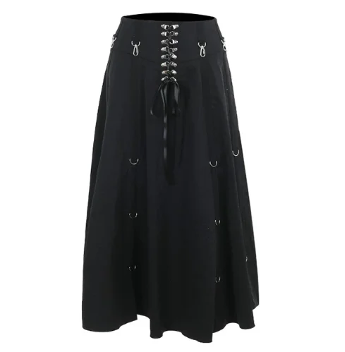 New Personalized Dark Gothic Sexy Girl Lace-up Skirt European American Fashion High Waist Chic A-line Street Black Long Skirts