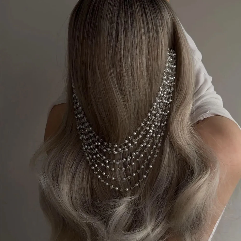 Multi Layer Beaded Hair Veil Draped Crystals Extension Head Chain Mermaid Aesthetic Birthday Banquet Hair Ornament