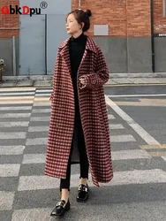 Thick Mid Length Plaid Woolen Coat Korean Women Warm Double Breasted Loose Overcoat Winter New Streetwear Belt Wool Blend Parkas