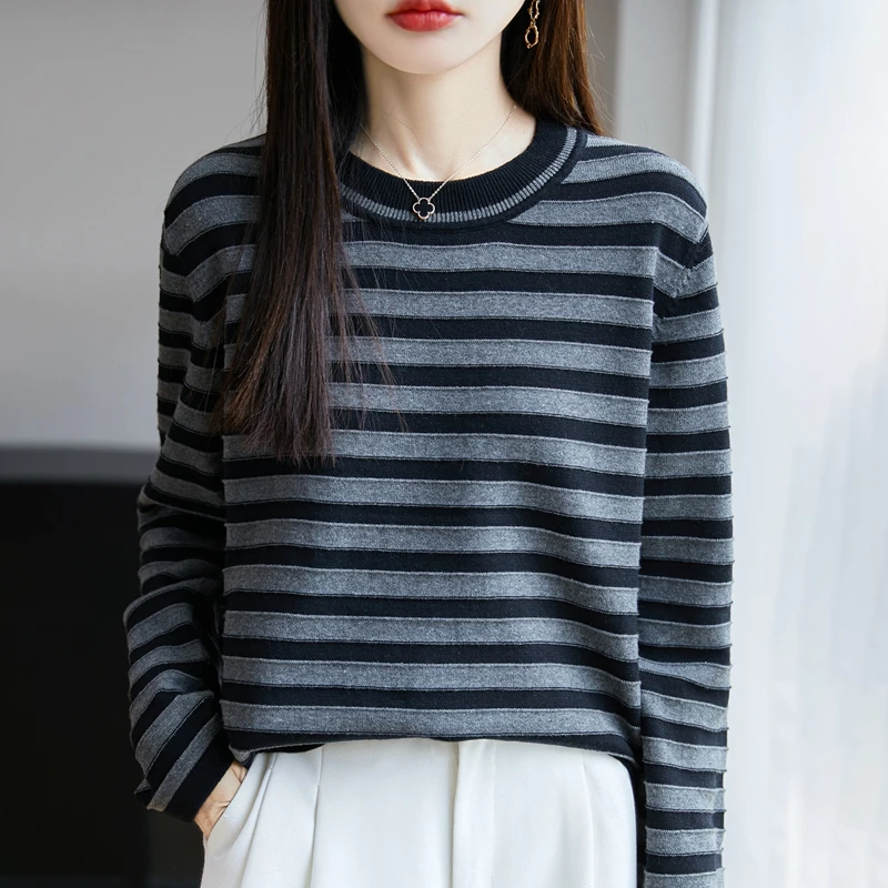 الخريف والشتاء المرأة الجديدة 100% القطن الخالص سترة مخططة عادية محبوك س الرقبة البلوز فضفاضة وعصرية المرأة #2