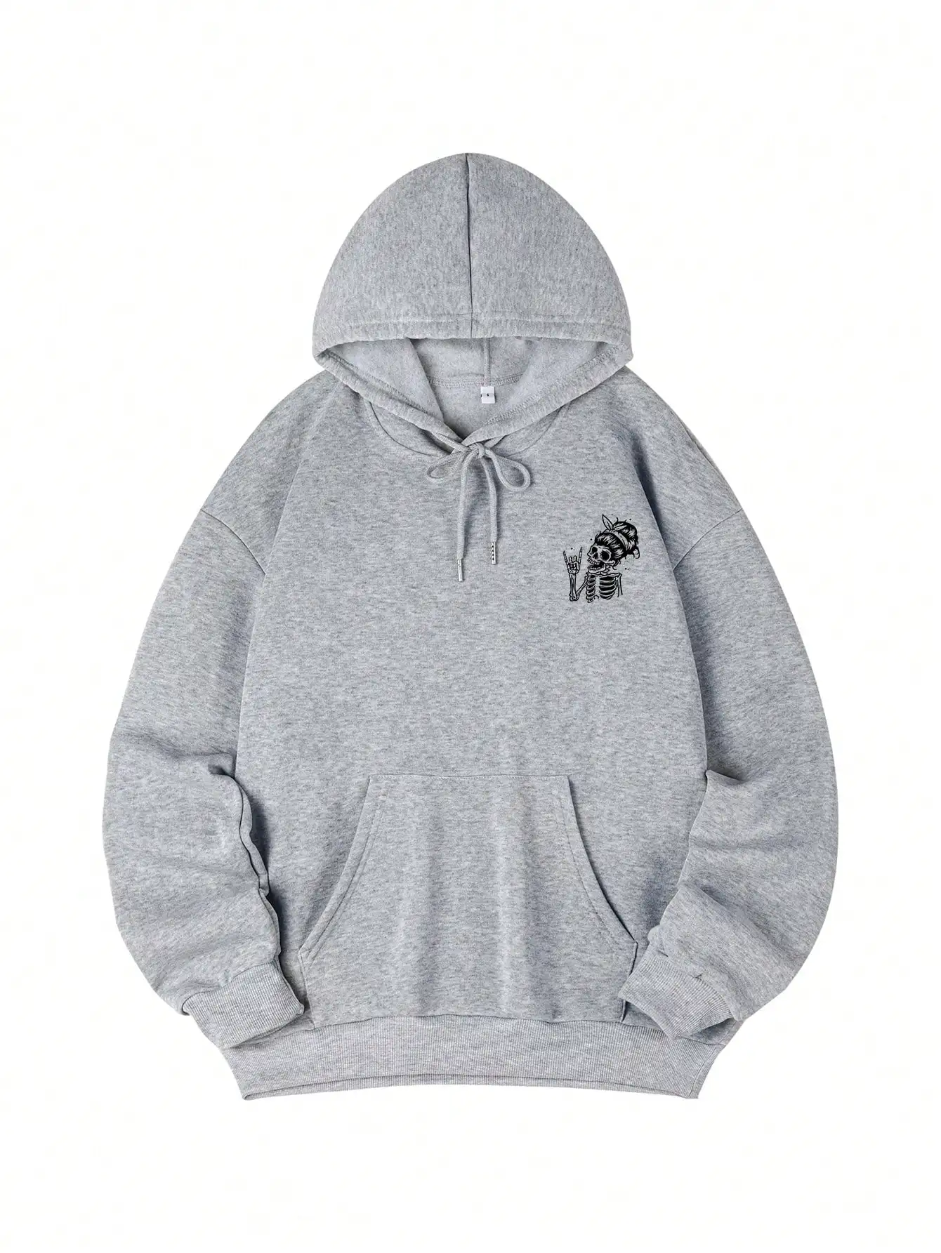 Women's Rock Skull Graphic Hoodie with Bow & Checkered Pattern, Loose Fit Winter Sweatshirt