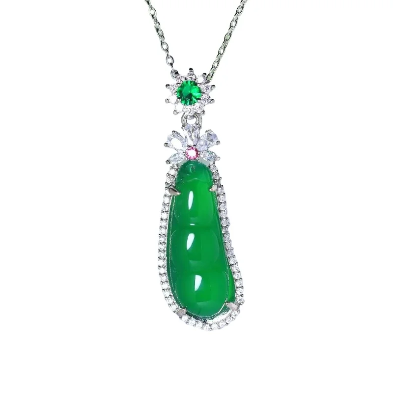 

New natural green agate full diamond inlaid lucky bean pendant emperor green string bean necklace women's