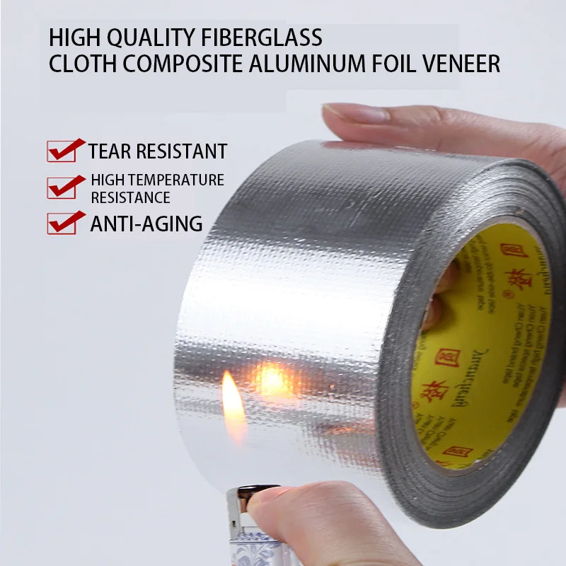 Bande adhésive en aluminium et fibre de verre, 10M 20M, bande résistante à la chaleur, bouclier thermique, barrière thermique, bande adhésive réfléchissante thermique