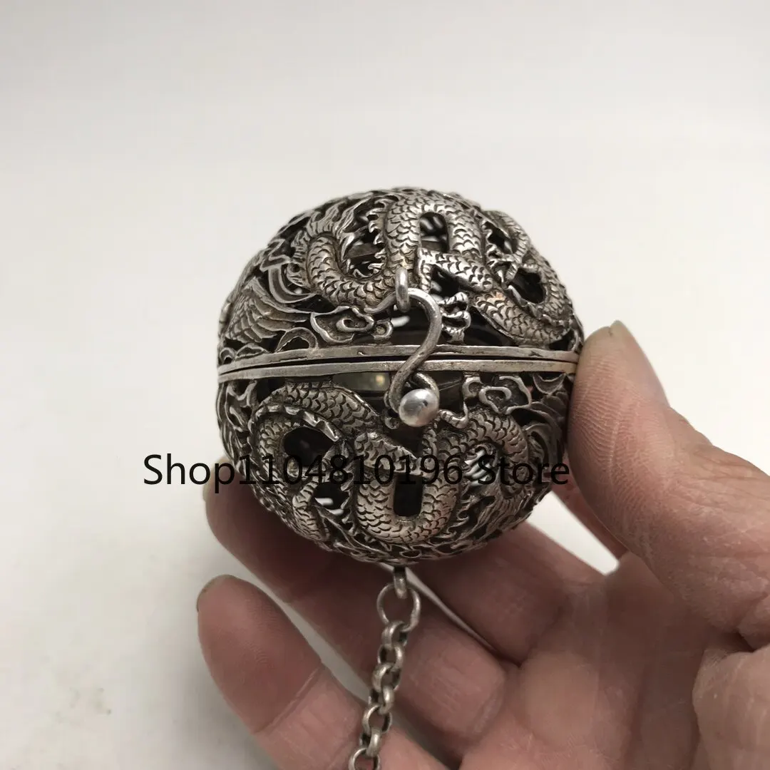 Antique silver incense ball copper silver-plated sachet dragon and phoenix flower and bird gyro balance hollow incense burner ar