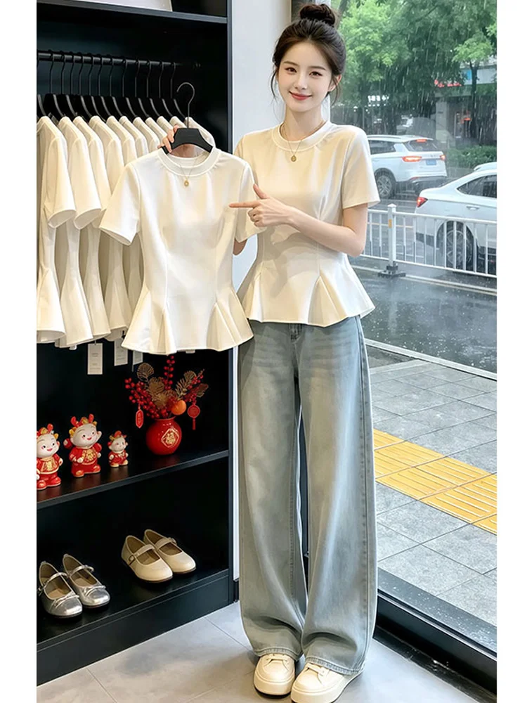 

White round Neck Short Sleeve Slim Fit T-Shirt Women's 2026 New Summer Design Lotus Leaf Casual Style High Waist