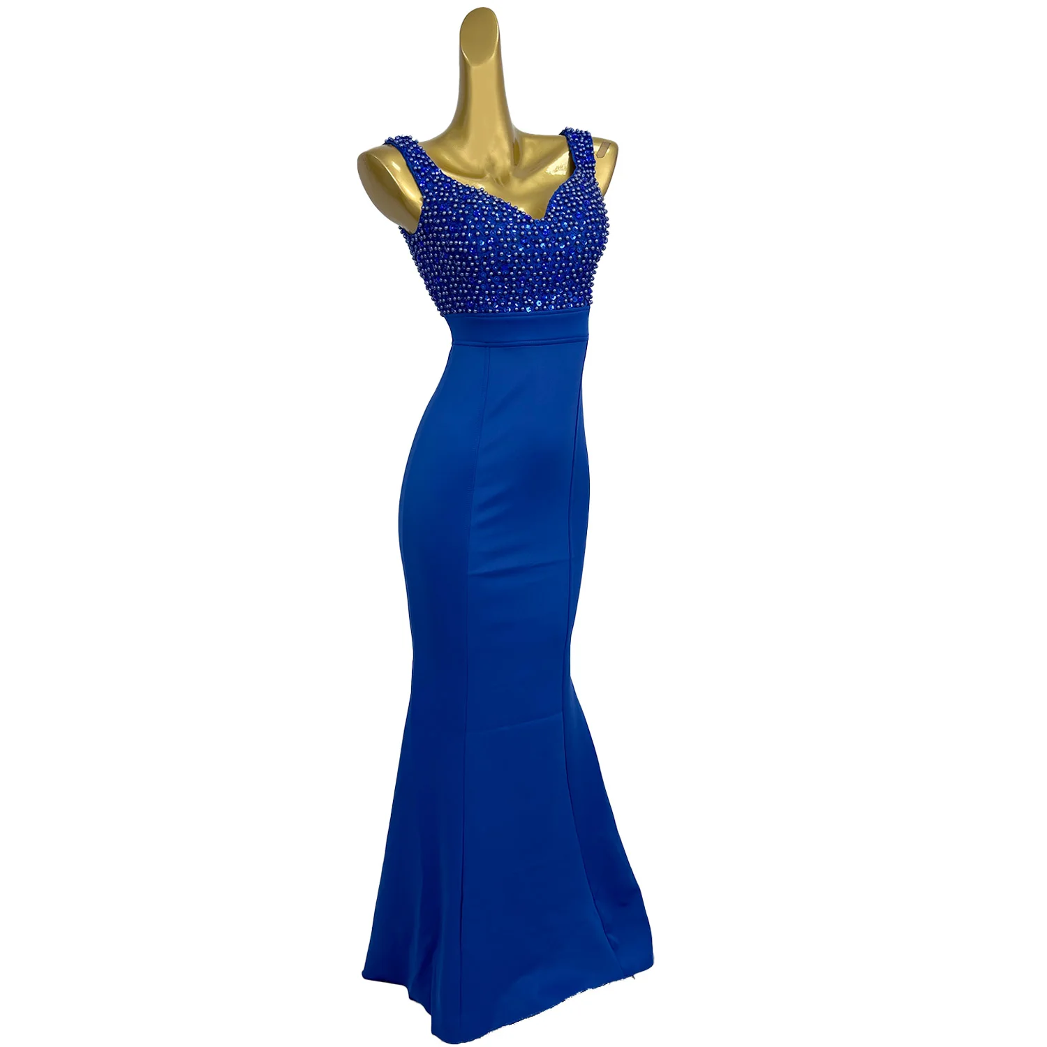 Seksowna Elegancka Niebieska Długa Sukienka Spandex Rybka Suknia Urodzinowa Sesja Zdjęciowa Studniówka Gala Perły Cekiny Sukienka Wieczorowa