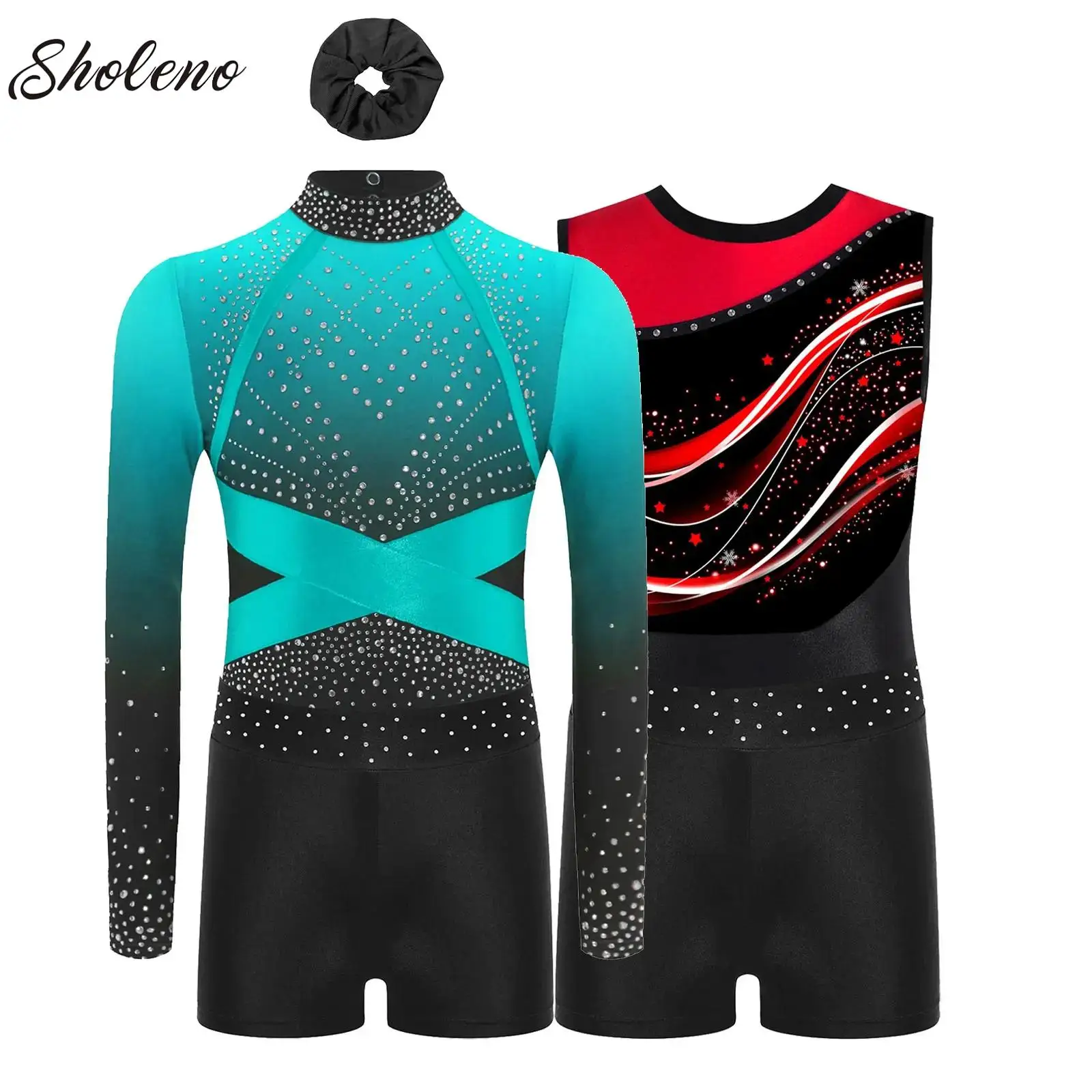 

Girls Gymnastics Ballet Dance Leotards with Shorts Hairband for Performance Sleeveless Bodysuits Figure Skating Acrobatics Party