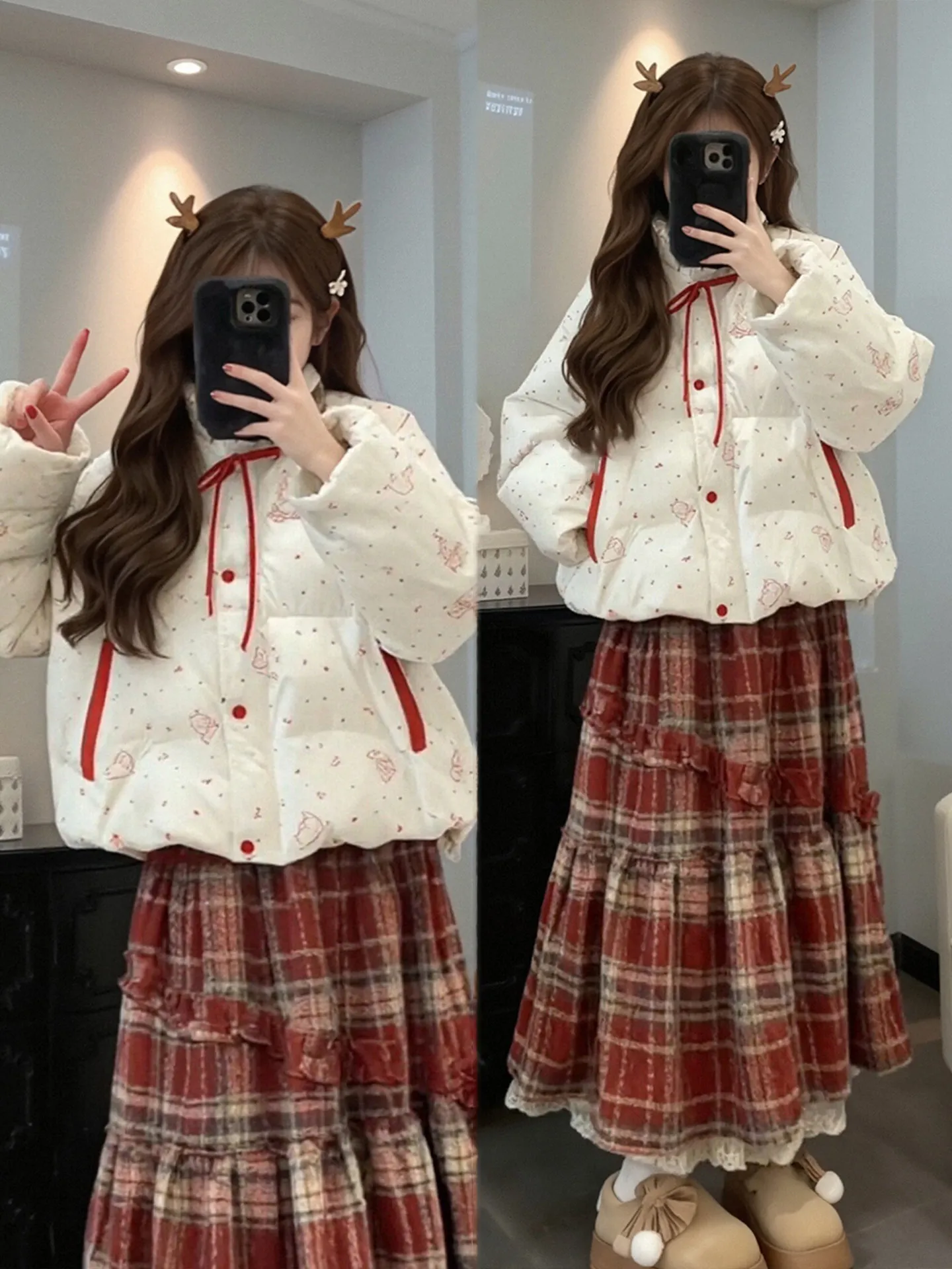 

Winter Warm Cotton Jaet And Plaid Skirt Set for Women Cisas New Year's Day Faionable plus Size Comfortable Polyester