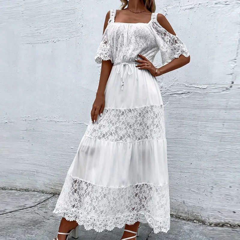 

Elegant Short Sleeve Hollow Lace Dresses Lady Solid Patchwork Lace-up Loose Beach Dress 2023 Square Collar Long Dress 2023 New