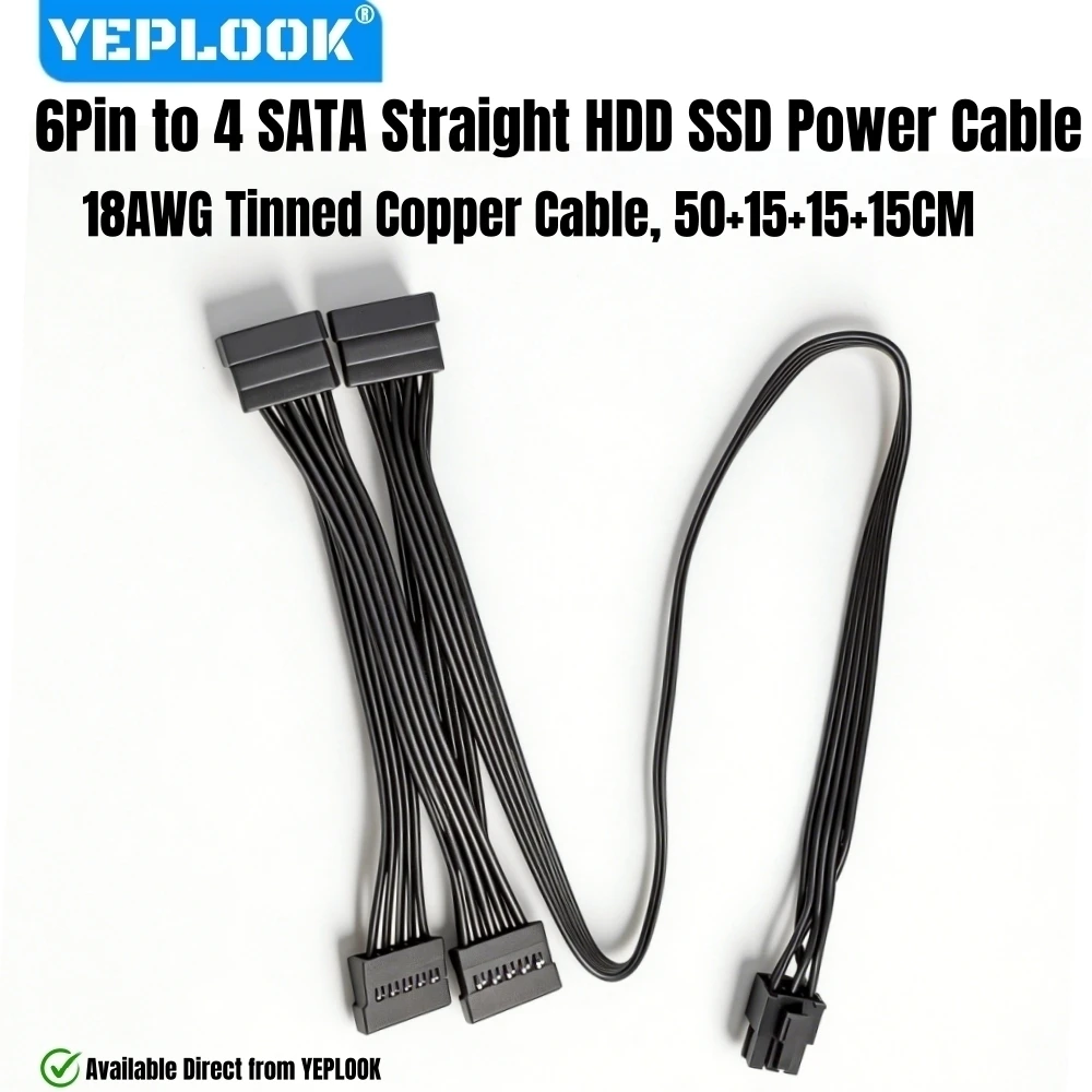 

Кабель питания YEPLOOK 6Pin на 4x SATA Straight, для HDD/SSD, для модульных блоков питания Corsair RM1000x, RM850x, RM750x, RM650x, RM-x Type 4