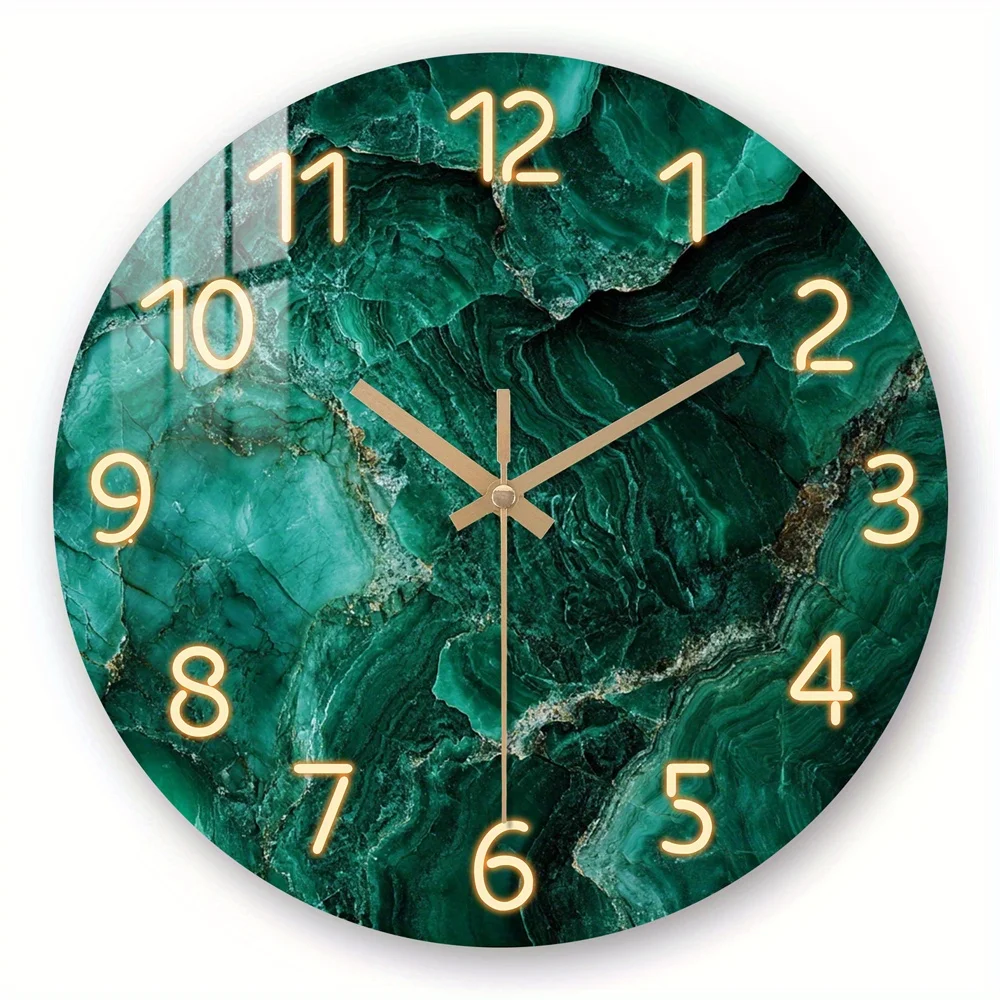 1pc Round Green Marble Wall Clock - Silent Non-Ticking Tempered Face & Artificial Wood/Plastic Frame, Elegant Marble Texture Suitable for Living Room, Office Decor - Luxury Modern Clock Gift (AA Batteries Not Included)