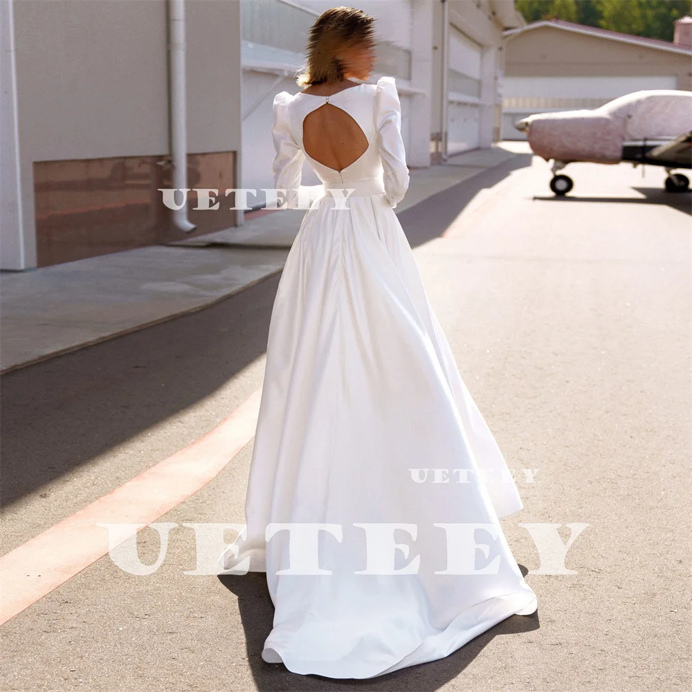 UETEEY Customized V Neck Long Puff Sleeves Crepe A Line Wedding Dress Women Cut Out Back High Slit Court Train Bridal Gown