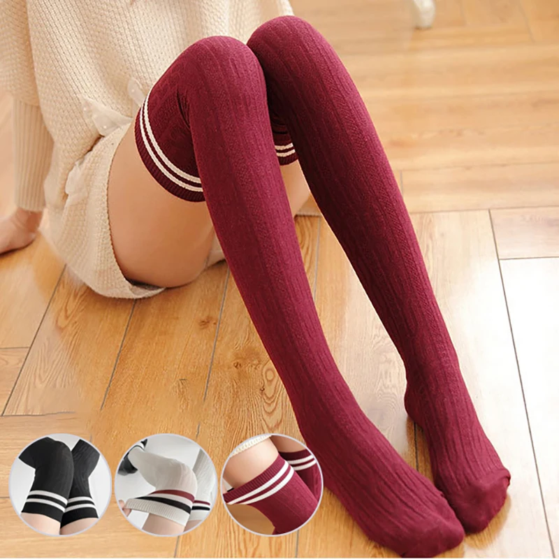 1pairs Women Striped Cotton Long Socks Female Thigh High Over The Knee Sock Solid Color Long Tube Leg Warm Socks