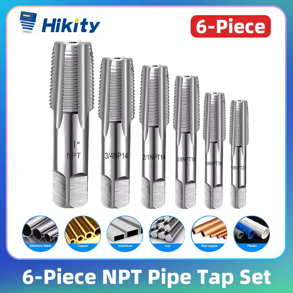 Kit de tarauds à main Hikity NPT en acier au carbone, 6 pièces (1", 3/4", 1/2", 3/8", 1/4", 1/8") pour filetage de tuyaux et plomberie