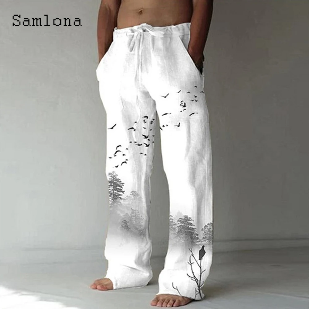 Samlona Plus Size Men's Stand Pocket Casual Drawstring Pants Linen Trouser Feather Print Pants Mens Fashion Hip Hop Sweatpants