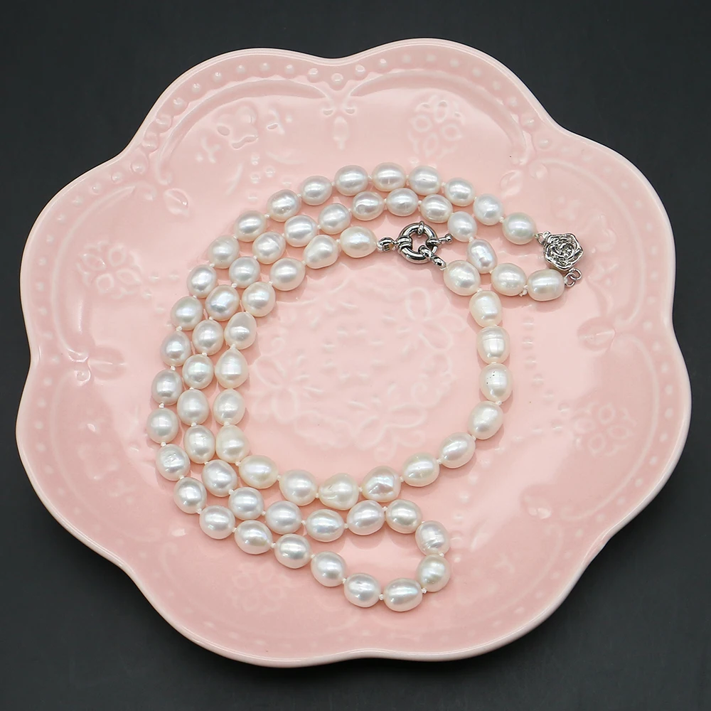 Elegant Temperament Natural Freshwater White Rice Pearl Necklace and Bracelet Jewelry Set Wedding Party Gift and Souvenir