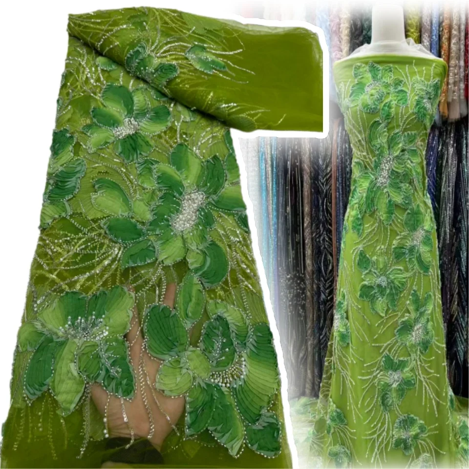 

Green High-quality African Nigerian Elegant 3D Embroidered Fabric French Tulle Lace Fabric with Sequin for Party Wedding SZ1489