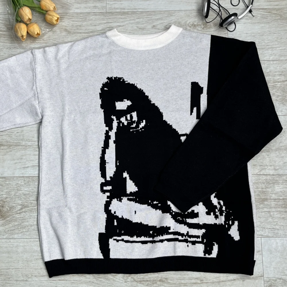 

Y2K Hip-hop Fashion Casual Retro Mens Clothing Sweater Streetwear Knitted Portrait Painting Graphic Pullover Harajuku Loose