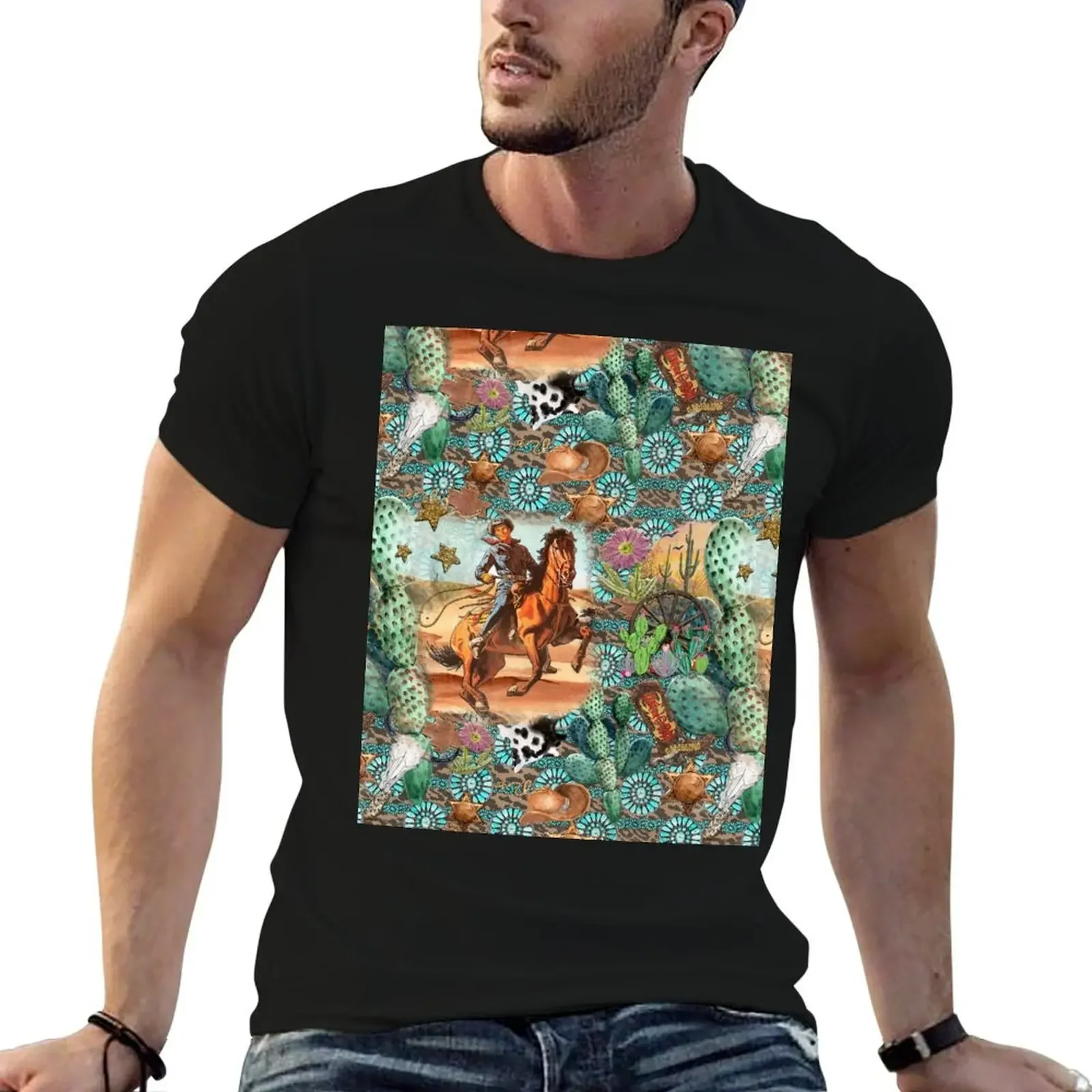 Vintage Cowboy with turquoise jewelry, cactus and cowhide T-Shirt man clothes hippie clothes men clothings