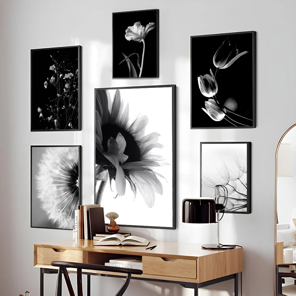 1PC Black And White Art Plant Flower Poster Self-adhesive Art Waterproof Paper Sticker Coffee House Bar Room Wall Decor