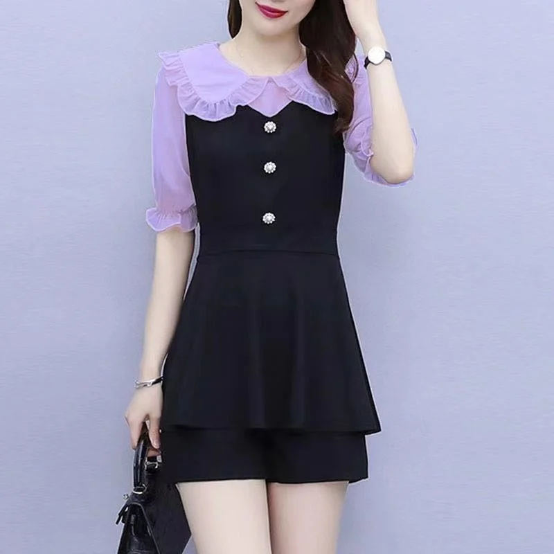 2022 Summer New Plus Size Clothing Women\'s Dress Fashion Casual Doll Collar Top Shorts Two Piece Set Professional Suit For Women