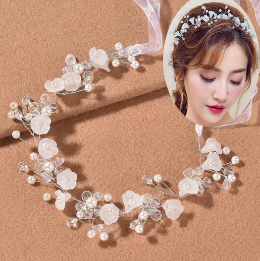 Child Girl Wedding Headband Artificial Flower Adjustable Ribbon Crown Wreath Faux Pearl Beading First Communion Photo Props