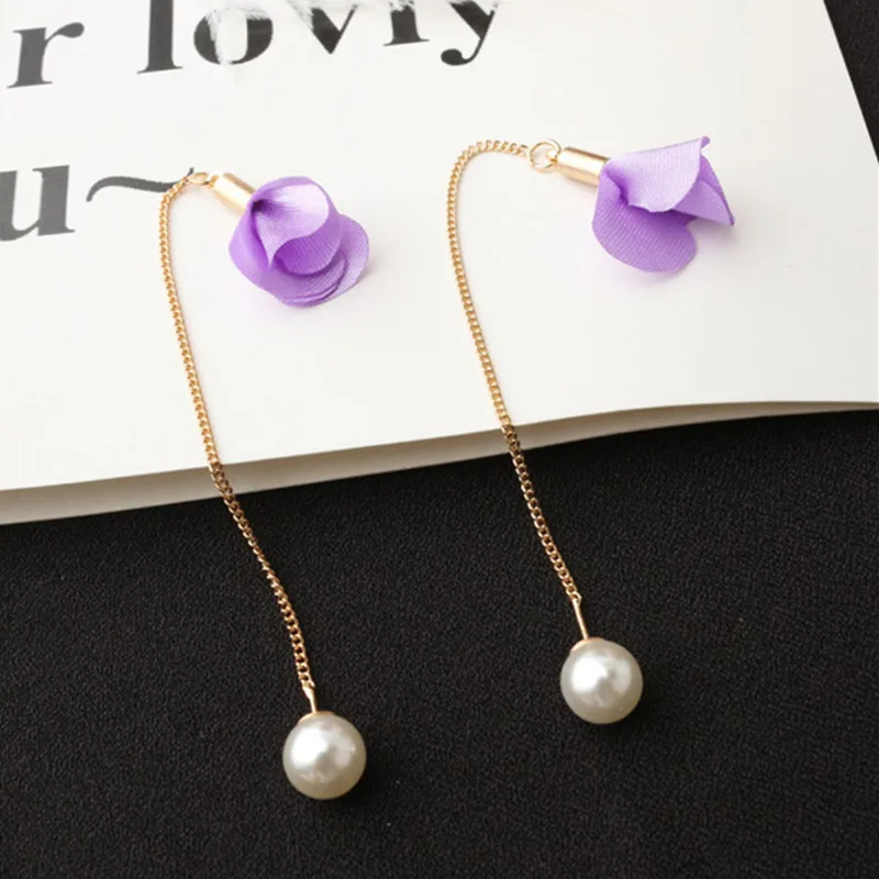 New 8 Colors Flower Long Tassel Earrings For Women Fashion Imitation Pearl Earrings Ear Line Elegant Wedding Party Jewelry Gift