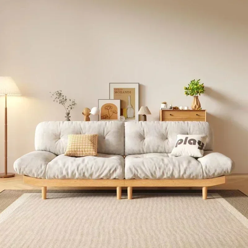 Solid Wood Cloud Sofa Living Room Small Apartment Simple Cat's Paw Fleece Fabrics Cream Style Three-Seat