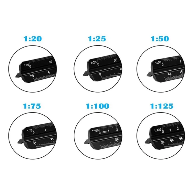 Hot-A39R-Architectural Ruler 30 Cm Aluminum Triangular Ruler Various Scales 1:20, 1:25, 1:50, 1:75, 1:100, 1:125 For Architects